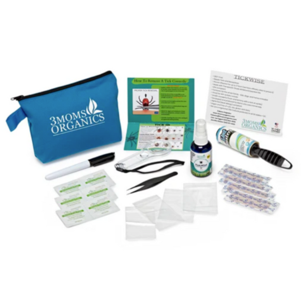 3 Moms Organics LLC tick removal tool kit with stainless steel tweezers and plastic lanyard in blue and white carrying case