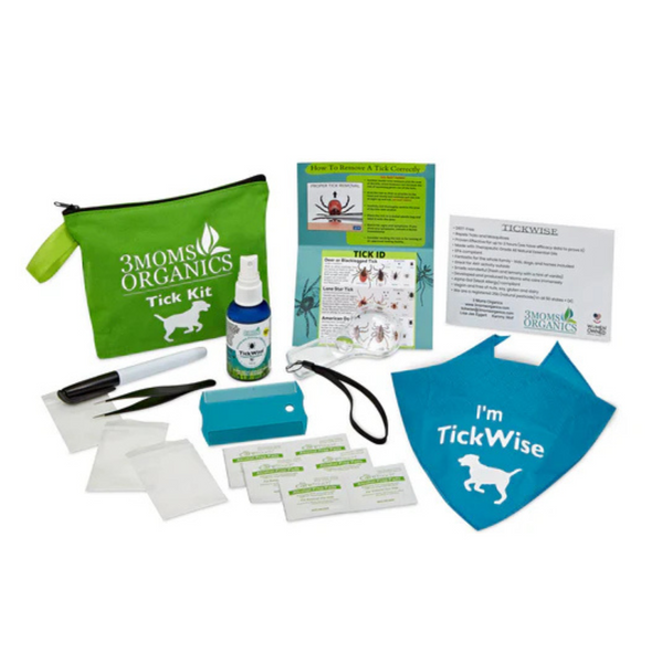 3 Moms Organics tick removal kit with stainless steel tools, blue plastic handle, compact design for dog tick extraction