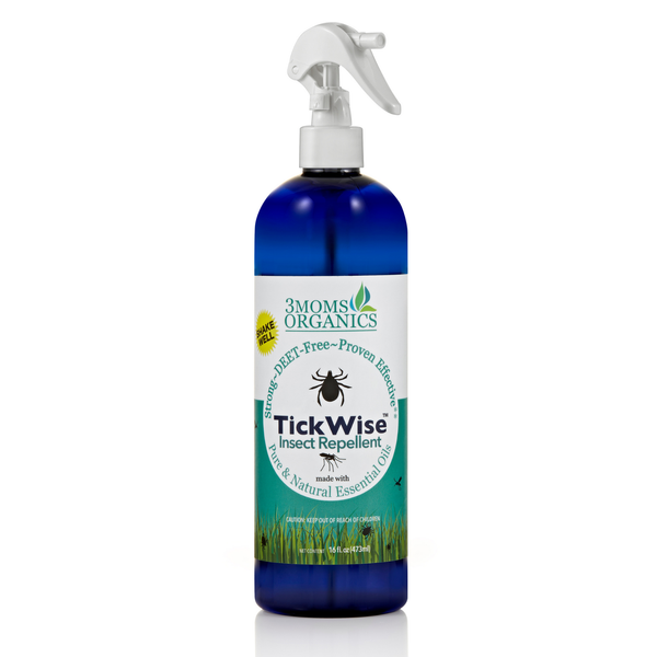 3 Moms Organics 16oz spray bottle of mosquito and tick repellent with clear lemon vanilla scent and labeled organic